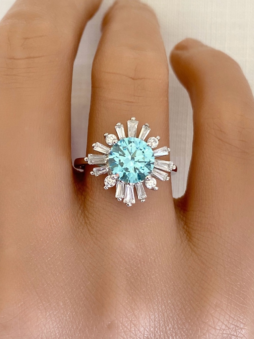 Round Aquamarine Light Blue 2Ct CZ Halo Sterling Silver Cluster Sunburst Ring